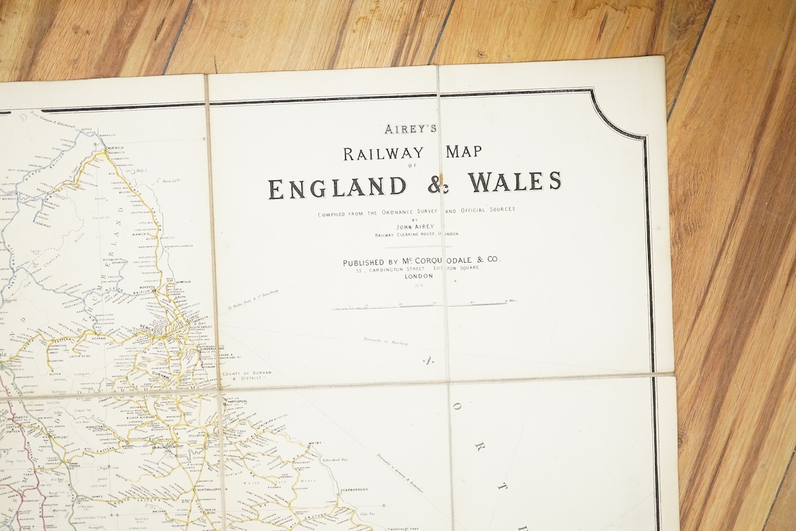 An Airey's Railway Map of England & Wales, a folding map laid on cloth with gilt embossed hard covers, compiled from the Ordnance Survey and published by McCorquodale & Co., 1878